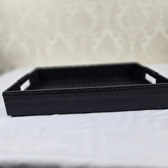 Black Leather Tray with Embossed Fleur de Lis Pattern Open Wrapped Handles - Picture 10 of 12